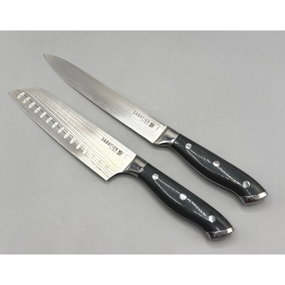 Sabatier 21C890 2 Piece Knife Set 7in Santoku 8in Slicer Damascus Etched Steel - Picture 2 of 16